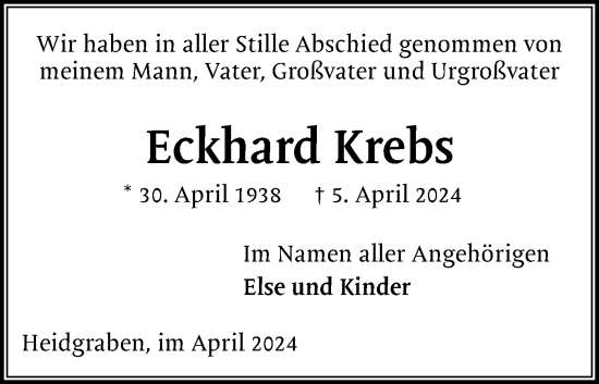 Traueranzeige von Eckhard Krebs von Uetersener Nachrichten, Der tip am Wochenende