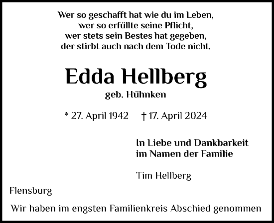 Traueranzeige von Edda Hellberg von Flensburger Tageblatt