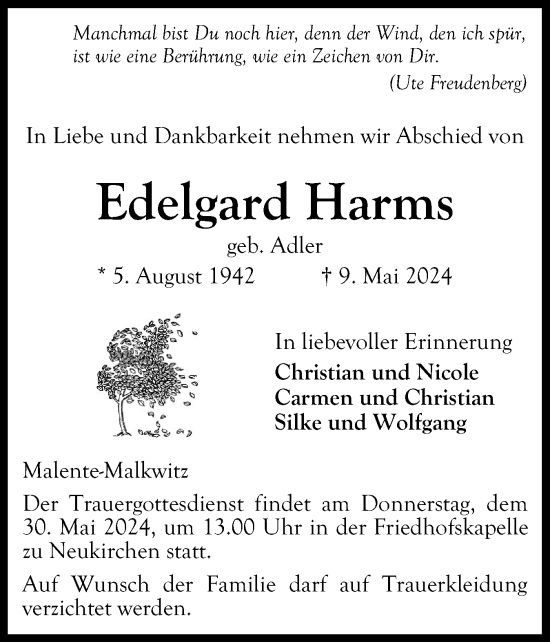 Traueranzeige von Edelgard Harms von Ostholsteiner Anzeiger