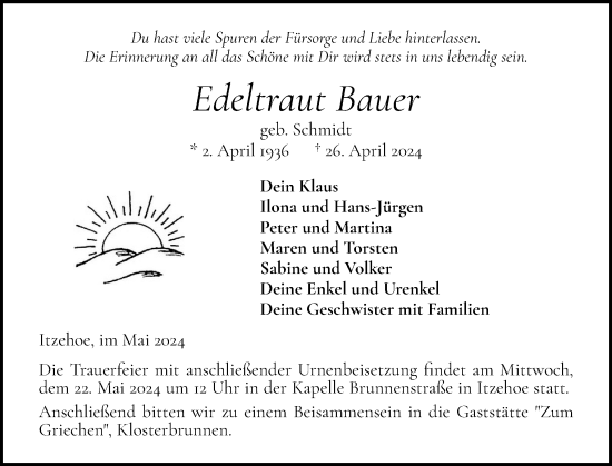Traueranzeige von Edeltraut Bauer von Norddeutsche Rundschau, Wilstersche Zeitung, Glückstädter Fortuna