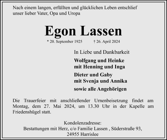 Traueranzeige von Egon Lassen von Flensburger Tageblatt
