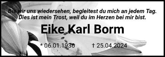 Traueranzeige von Eike Karl Borm von Region Pinneberg und tip Pinneberg