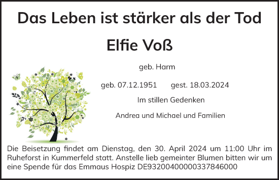 Traueranzeige von Elfie Voß von Region Pinneberg und tip Pinneberg