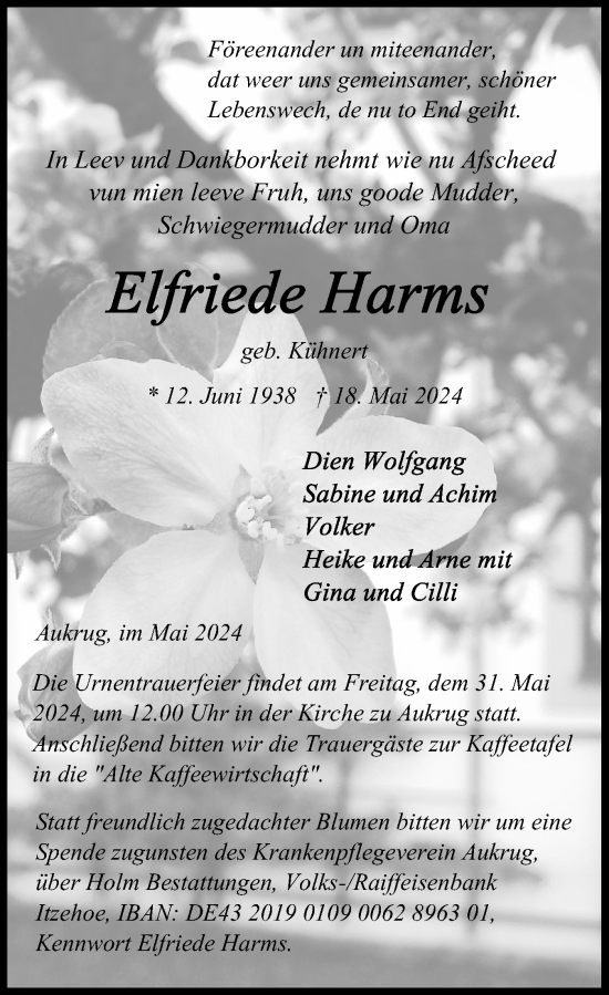 Traueranzeige von Elfriede Harms von Holsteinischer Courier