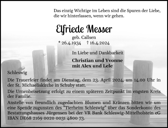 Traueranzeige von Elfriede Messer von Schleswiger Nachrichten, Schlei-Bote