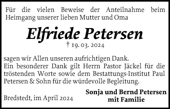 Traueranzeige von Elfriede Petersen von Husumer Nachrichten, Nordfriesland Tageblatt