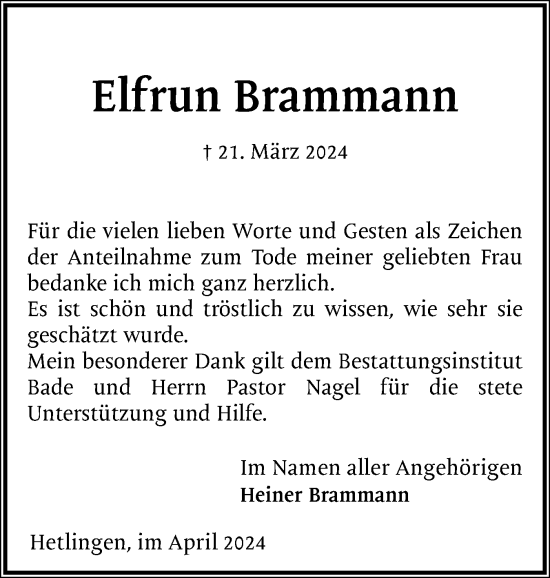 Traueranzeige von Elfrun Brammann von Uetersener Nachrichten, Der tip am Wochenende