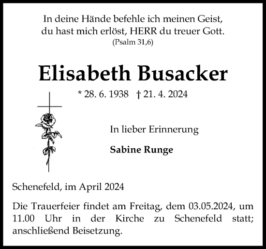 Traueranzeige von Elisabeth Busacker von Norddeutsche Rundschau, Wilstersche Zeitung, Glückstädter Fortuna
