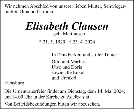 Traueranzeige von Elisabeth Clausen von Flensburger Tageblatt