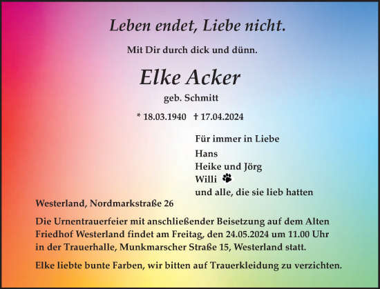 Traueranzeige von Elke Acker von Sylter Rundschau