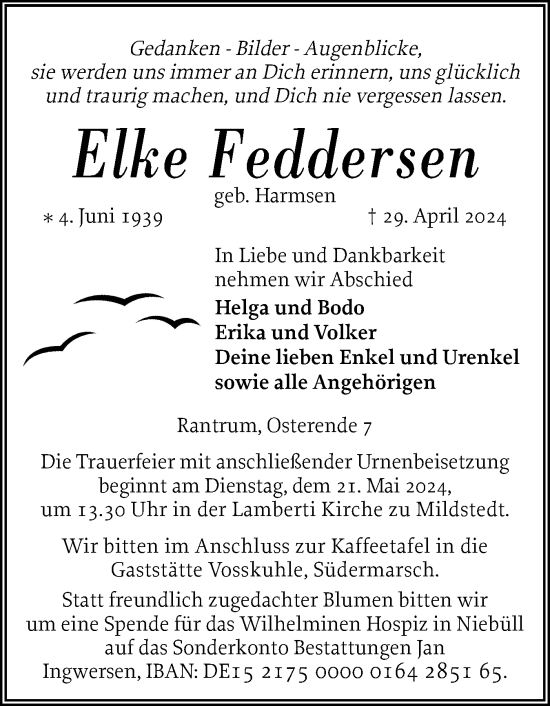 Traueranzeige von Elke Feddersen von Husumer Nachrichten, Nordfriesland Tageblatt