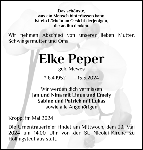 Traueranzeige von Elke Peper von Schleswiger Nachrichten, Schlei-Bote