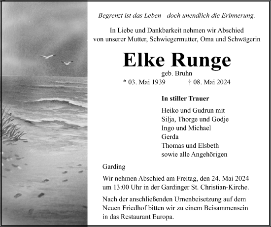 Traueranzeige von Elke Runge von Husumer Nachrichten, Nordfriesland Tageblatt