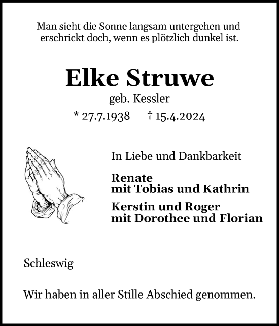 Traueranzeige von Elke Struwe von Schleswiger Nachrichten, Schlei-Bote