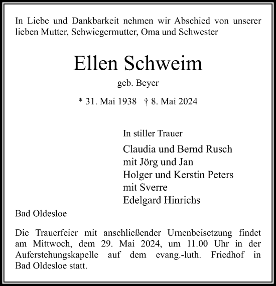 Traueranzeige von Ellen Schweim von Stormaner Tageblatt