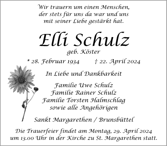 Traueranzeige von Elli Schulz von Norddeutsche Rundschau, Wilstersche Zeitung, Glückstädter Fortuna