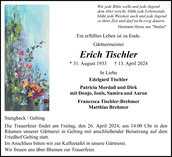 Traueranzeige von Erich Tischler von Flensburger Tageblatt, Schleswiger Nachrichten, Schlei-Bote