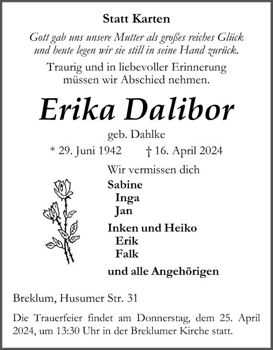 Traueranzeige von Erika Dalibor von Husumer Nachrichten, Nordfriesland Tageblatt