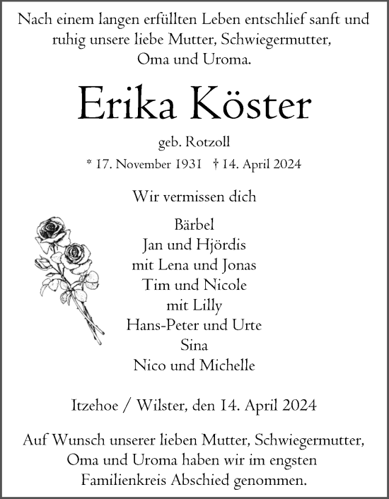 Traueranzeige von Erika Köster von Norddeutsche Rundschau, Wilstersche Zeitung, Glückstädter Fortuna