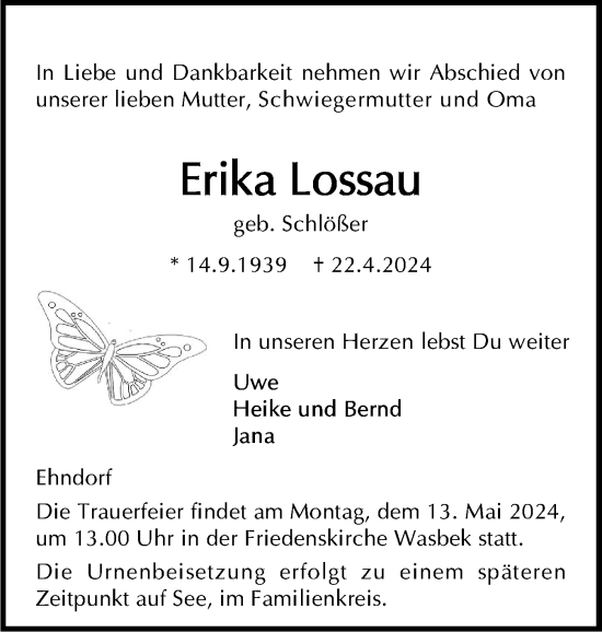Traueranzeige von Erika Lossau von Holsteinischer Courier