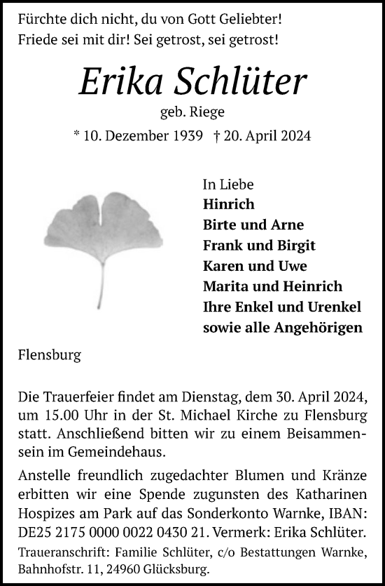 Traueranzeige von Erika Schlüter von Flensburger Tageblatt