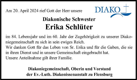 Traueranzeige von Erika Schlüter von Flensburger Tageblatt