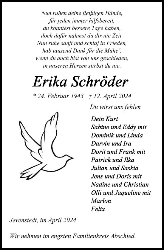 Traueranzeige von Erika Schröder von Schleswig-Holsteinische Landeszeitung