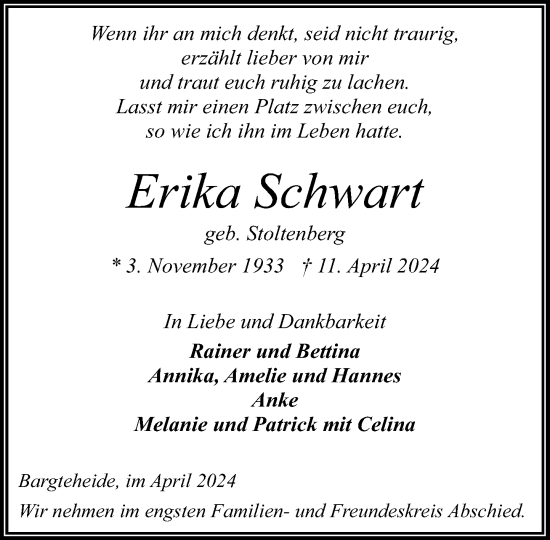 Traueranzeige von Erika Schwart von Stormaner Tageblatt