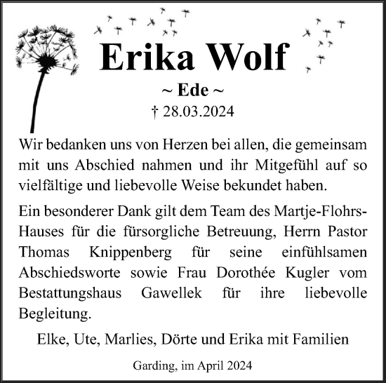 Traueranzeige von Erika Wolf von Husumer Nachrichten, Nordfriesland Tageblatt