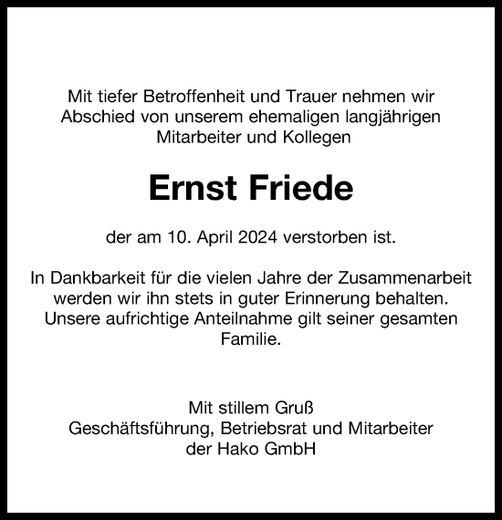 Traueranzeige von Ernst Friede von Stormaner Tageblatt