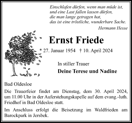 Traueranzeige von Ernst Friede von Stormaner Tageblatt