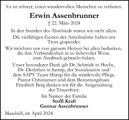 Traueranzeige von Erwin Assenbrunner von Flensburger Tageblatt