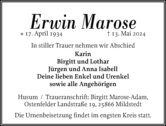 Traueranzeige von Erwin Marose von Husumer Nachrichten, Nordfriesland Tageblatt