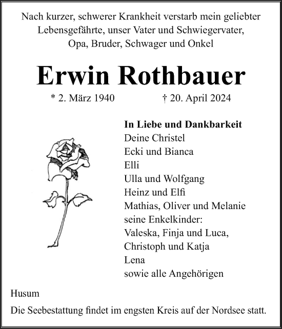 Traueranzeige von Erwin Rothbauer von Husumer Nachrichten, Nordfriesland Tageblatt