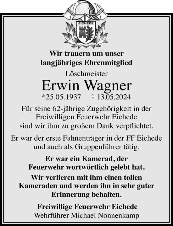 Traueranzeige von Erwin Wagner von Stormaner Tageblatt