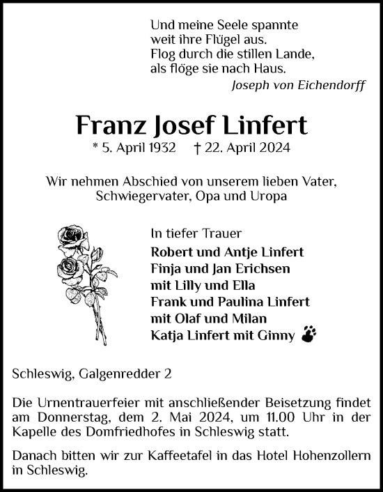 Traueranzeige von Franz Josef Linfert von Schleswiger Nachrichten, Schlei-Bote