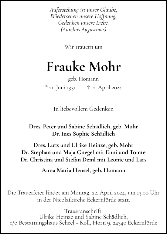 Traueranzeige von Frauke Mohr von Elmshorner Nachrichten, Barmstedter Zeitung