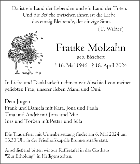 Traueranzeige von Frauke Molzahn von Norddeutsche Rundschau, Wilstersche Zeitung, Glückstädter Fortuna