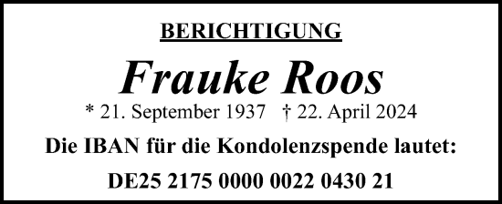 Traueranzeige von Frauke Roos von Flensburger Tageblatt, Schleswiger Nachrichten, Schlei-Bote