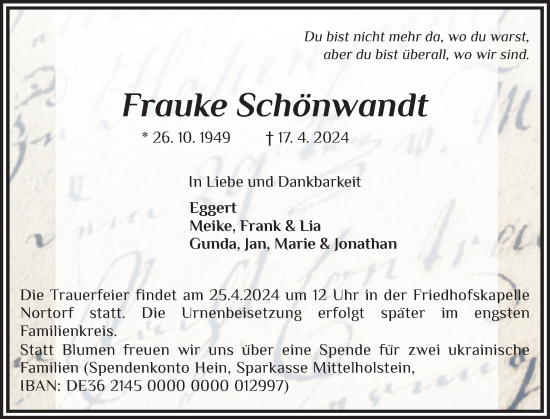 Traueranzeige von Frauke Schönwandt von Schleswig-Holsteinische Landeszeitung