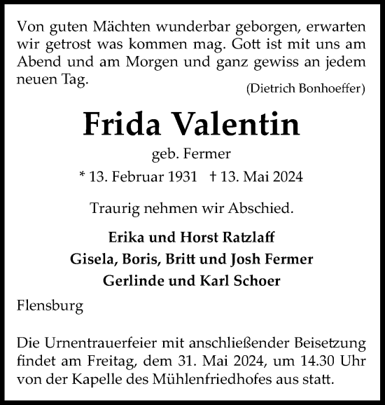 Traueranzeige von Frida Valentin von Flensburger Tageblatt