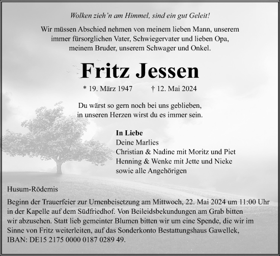Traueranzeige von Fritz Jessen von Husumer Nachrichten, Nordfriesland Tageblatt