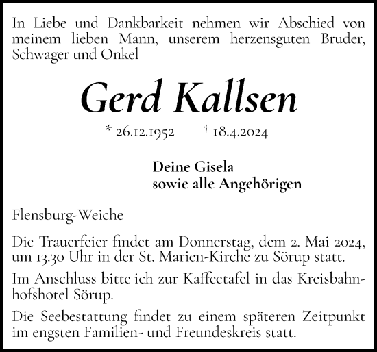 Traueranzeige von Gerd Kallsen von Flensburger Tageblatt