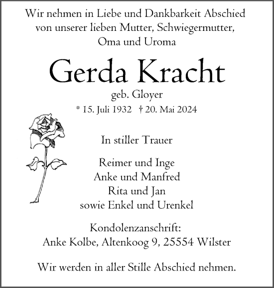 Traueranzeige von Gerda Kracht von Norddeutsche Rundschau, Wilstersche Zeitung, Glückstädter Fortuna