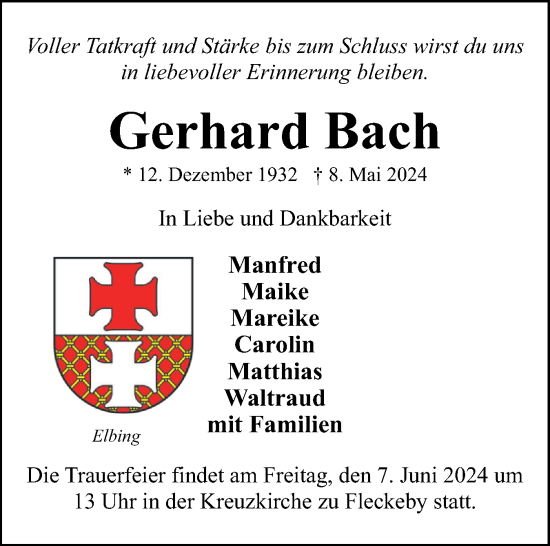 Traueranzeige von Gerhard Bach von Eckernförder Zeitung, Hallo Eckernförde