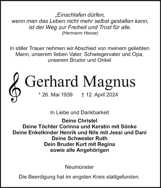 Traueranzeige von Gerhard Magnus von Holsteinischer Courier