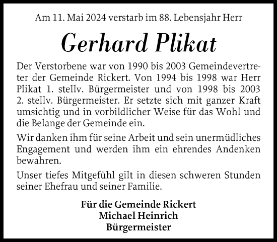 Traueranzeige von Gerhard Plikat von Schleswig-Holsteinische Landeszeitung