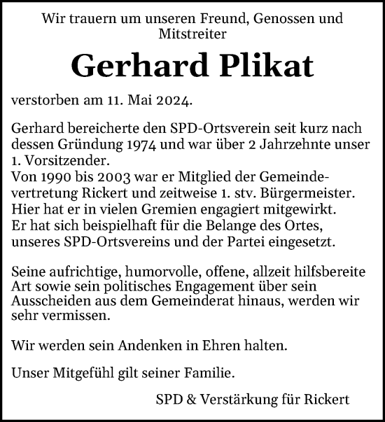 Traueranzeige von Gerhard Plikat von Schleswig-Holsteinische Landeszeitung