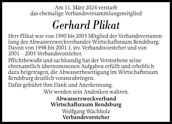 Traueranzeige von Gerhard Plikat von Schleswig-Holsteinische Landeszeitung