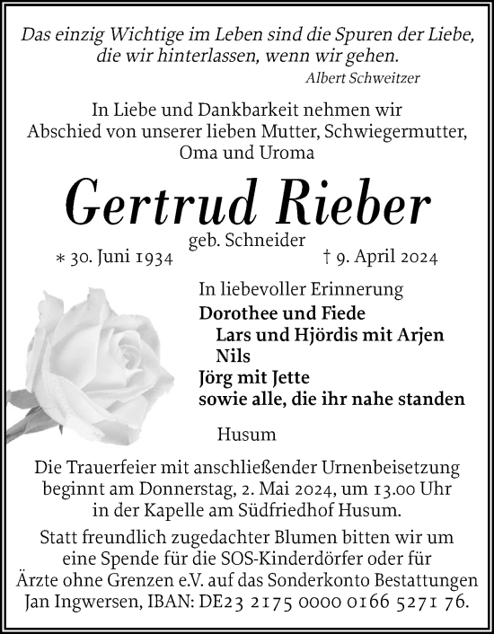 Traueranzeige von Gertrud Rieber von Husumer Nachrichten, Nordfriesland Tageblatt